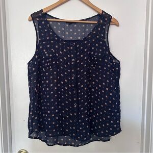 Navy Blue Sheer Sleeveless Button-Up Blouse